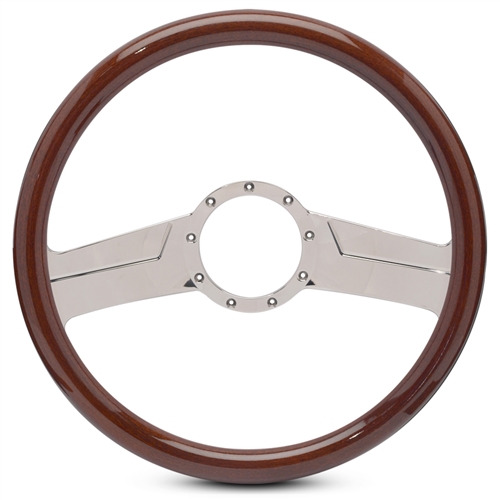 Vintage Billet Steering Wheel 15" Polished Spokes/Woodgrain Grip