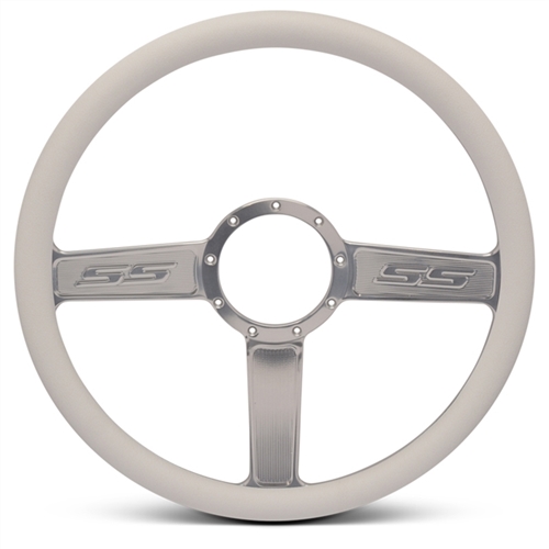 SS Logo Billet Steering Wheel 15" Clear Anodized Spokes/White Grip