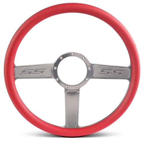 SS Logo Billet Steering Wheel 15" Clear Anodized Spokes/Red Grip