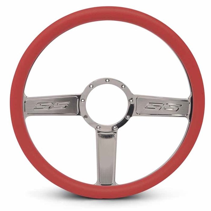 SS Logo Billet Steering Wheel 15" Clear Coat Spokes/Red Grip