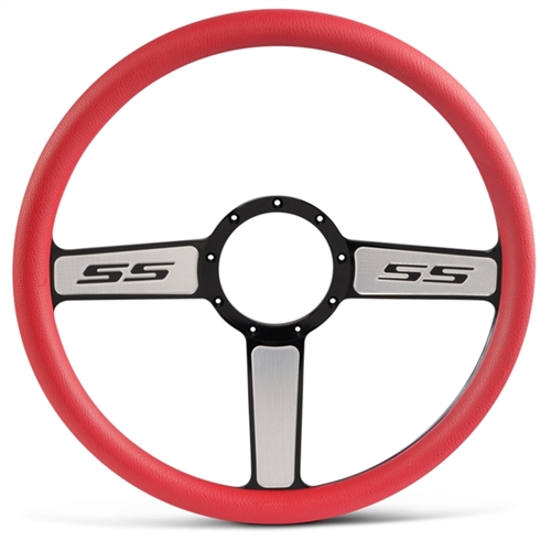 SS Logo Billet Steering Wheel 15" Black Spokes with Machined Highlights/Red Grip