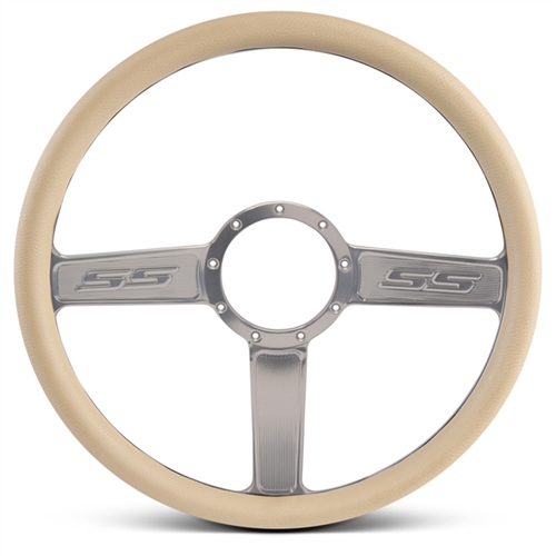 SS Logo Billet Steering Wheel 15" Clear Anodized Spokes/Tan Grip