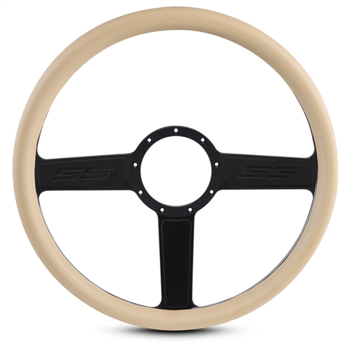 SS Logo Billet Steering Wheel 15" Matte Black Spokes/Tan Grip