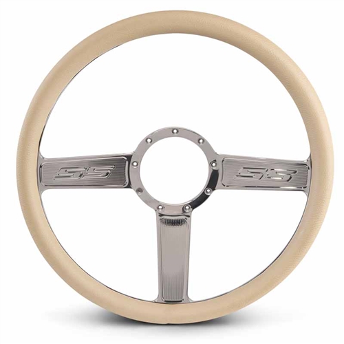 SS Logo Billet Steering Wheel 15" Polished Spokes/Tan Grip