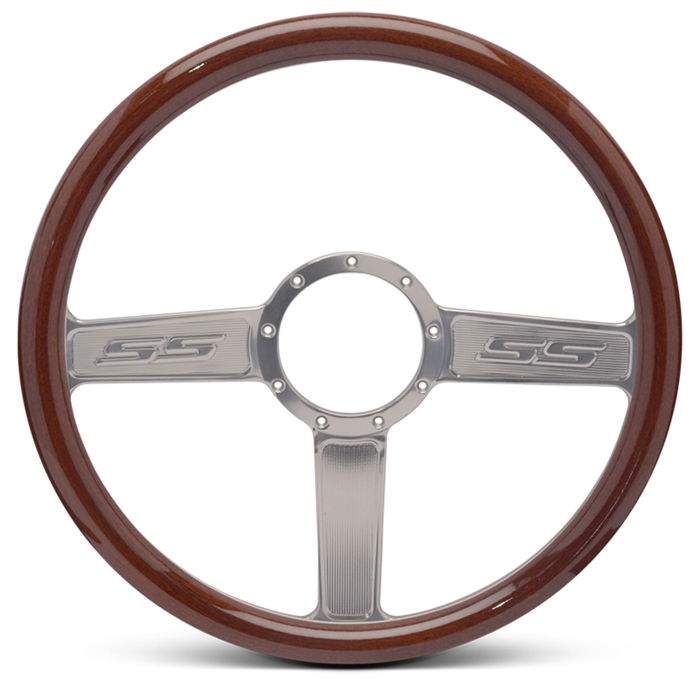 SS Logo Billet Steering Wheel 15" Clear Anodized Spokes/Woodgrain Grip