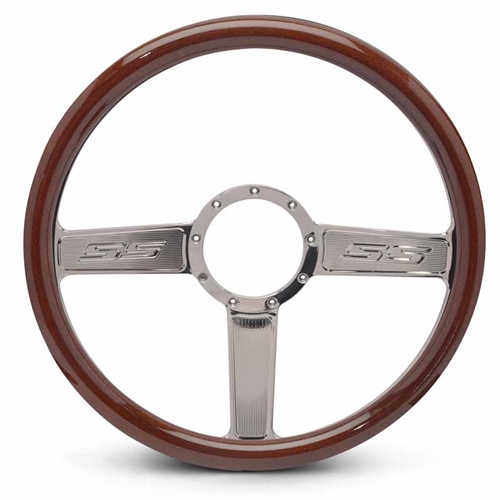 SS Logo Billet Steering Wheel 15" Clear Coat Spokes/Woodgrain Grip