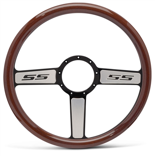 SS Logo Billet Steering Wheel 15" Black Spokes with Machined Highlights/Woodgrain Grip