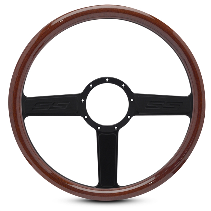 SS Logo Billet Steering Wheel 15" Matte Black Spokes/Woodgrain Grip