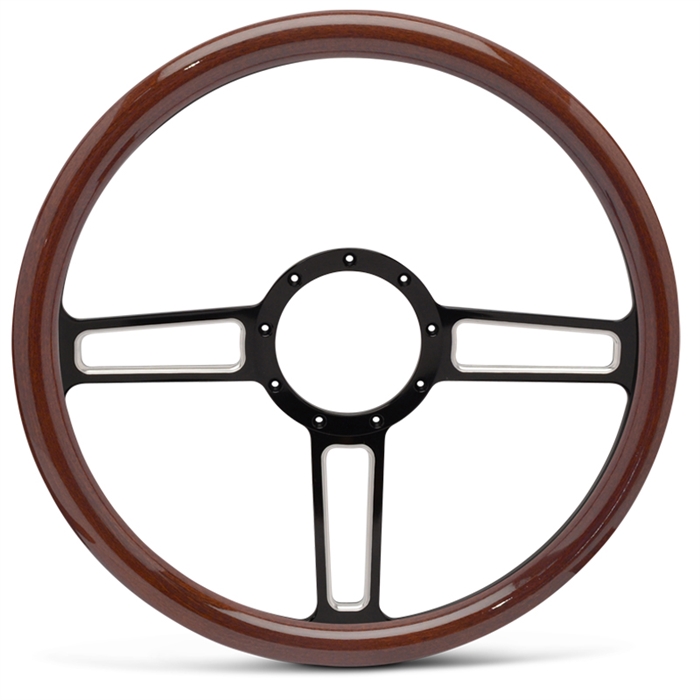 Launch Billet Steering Wheel 15" Black Spokes with Machined Highlights/Woodgrain Grip