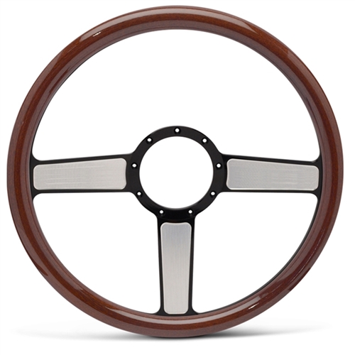 Linear Billet Steering Wheel 15" Black Spokes with Machined Highlights/Woodgrain Grip
