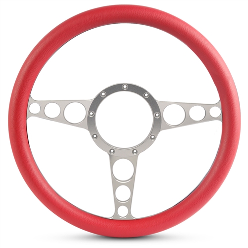 Racer Billet Steering Wheel 13-1/2" Clear Anodized Spokes/Red Grip