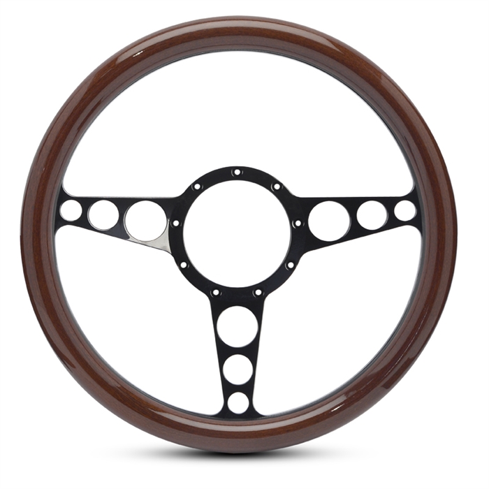 Racer Billet Steering Wheel 13-1/2" Black Anodized Spokes/Woodgrain Grip