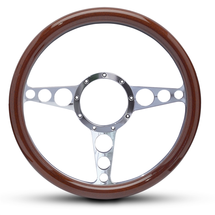 Racer Billet Steering Wheel 13-1/2" Polished Spokes/Woodgrain Grip