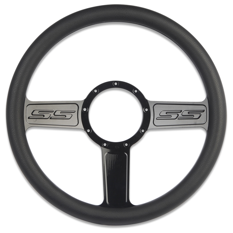 SS Logo Billet Steering Wheel 13-1/2" Gloss Black Spokes/Black Grip