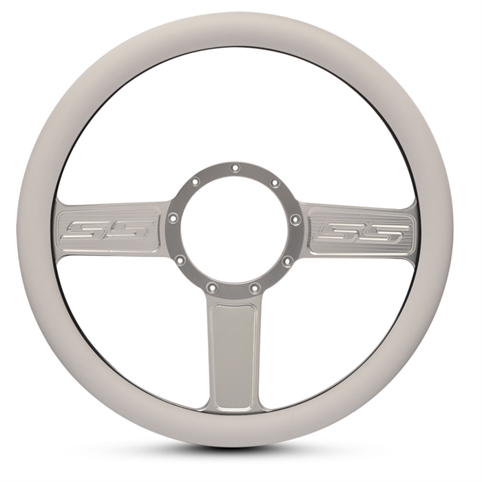 SS Logo Billet Steering Wheel 13-1/2" Clear Anodized Spokes/White Grip