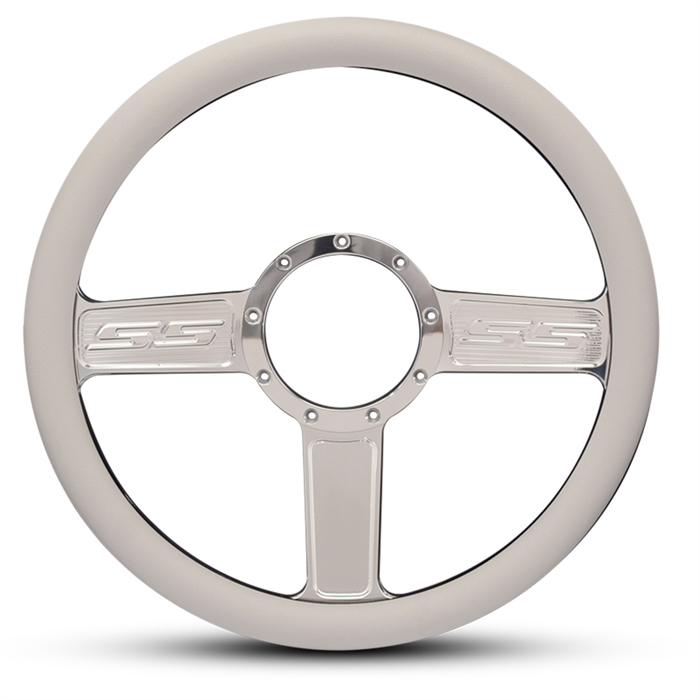 SS Logo Billet Steering Wheel 13-1/2" Clear Coat Spokes/White Grip