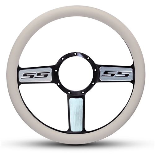 SS Logo Billet Steering Wheel 13-1/2" Black Spokes with Machined Highlights/White Grip