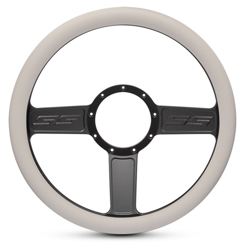 SS Logo Billet Steering Wheel 13-1/2" Matte Black Spokes/White Grip