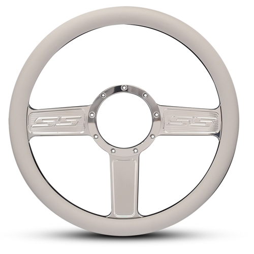 SS Logo Billet Steering Wheel 13-1/2" Polished Spokes/White Grip