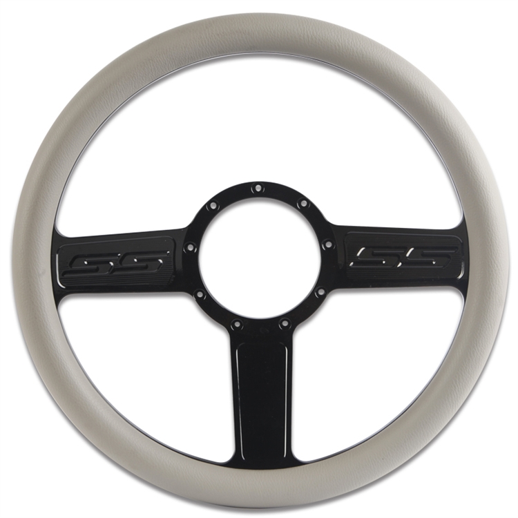 SS Logo Billet Steering Wheel 13-1/2" Gloss Black Spokes/Grey Grip