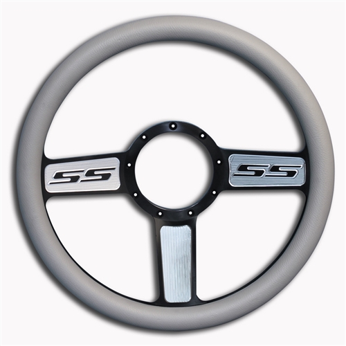SS Logo Billet Steering Wheel 13-1/2" Black Spokes with Machined Highlights/Grey Grip