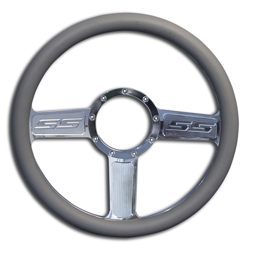 SS Logo Billet Steering Wheel 13-1/2" Polished Spokes/Grey Grip