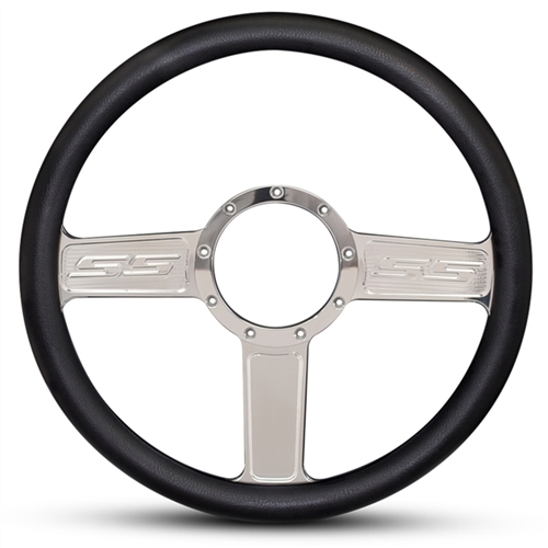 SS Logo Billet Steering Wheel 13-1/2" Polished Spokes/Black Grip