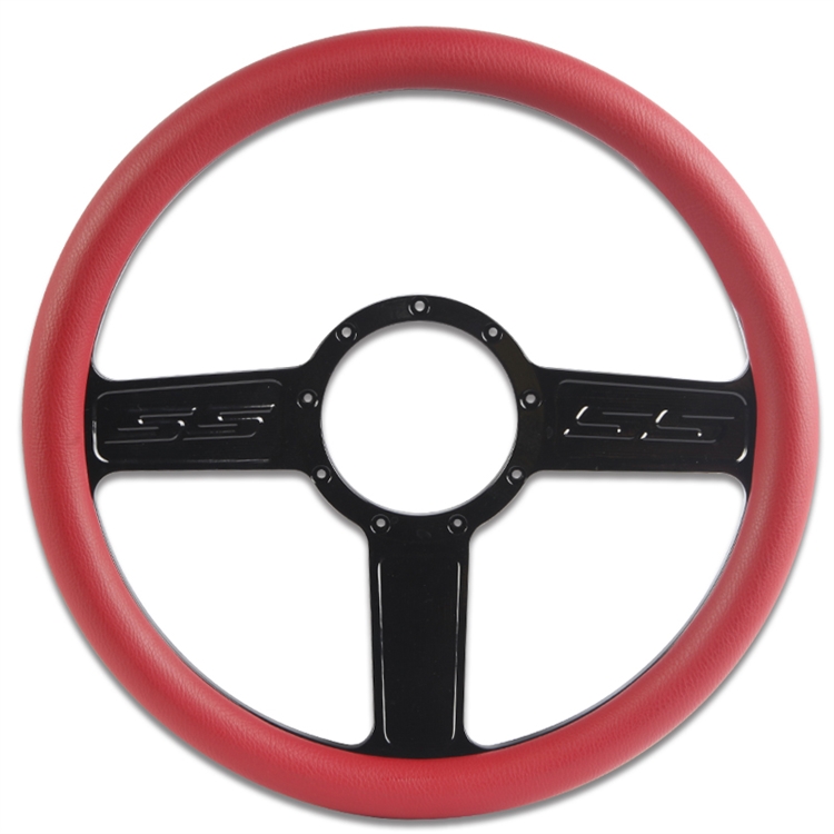 SS Logo Billet Steering Wheel 13-1/2" Black Anodized Spokes/Red Grip