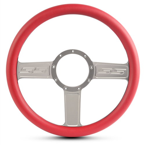 SS Logo Billet Steering Wheel 13-1/2" Clear Anodized Spokes/Red Grip