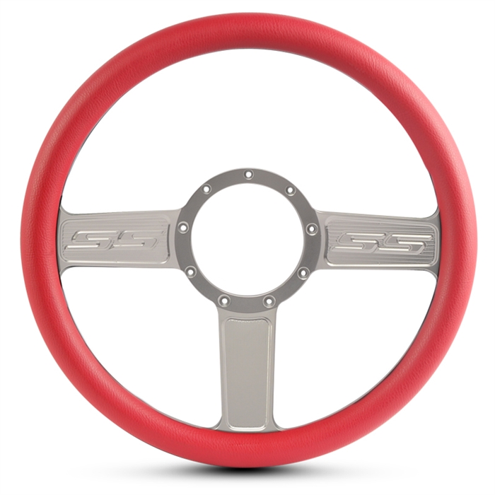 SS Logo Billet Steering Wheel 13-1/2" Clear Anodized Spokes/Red Grip