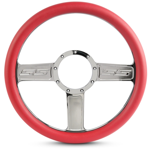 SS Logo Billet Steering Wheel 13-1/2" Clear Coat Spokes/Red Grip