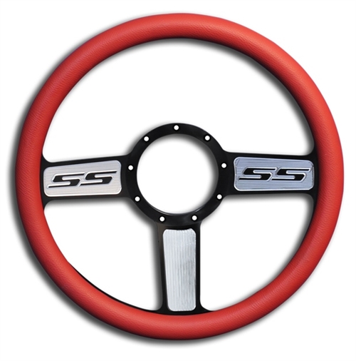 SS Logo Billet Steering Wheel 13-1/2" Black Spokes with Machined Highlights/Red Grip