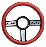 SS Logo Billet Steering Wheel 13-1/2" Black Spokes with Machined Highlights/Red Grip