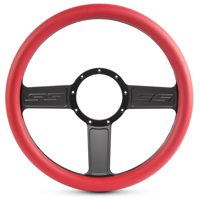SS Logo Billet Steering Wheel 13-1/2" Matte Black Spokes/Red Grip