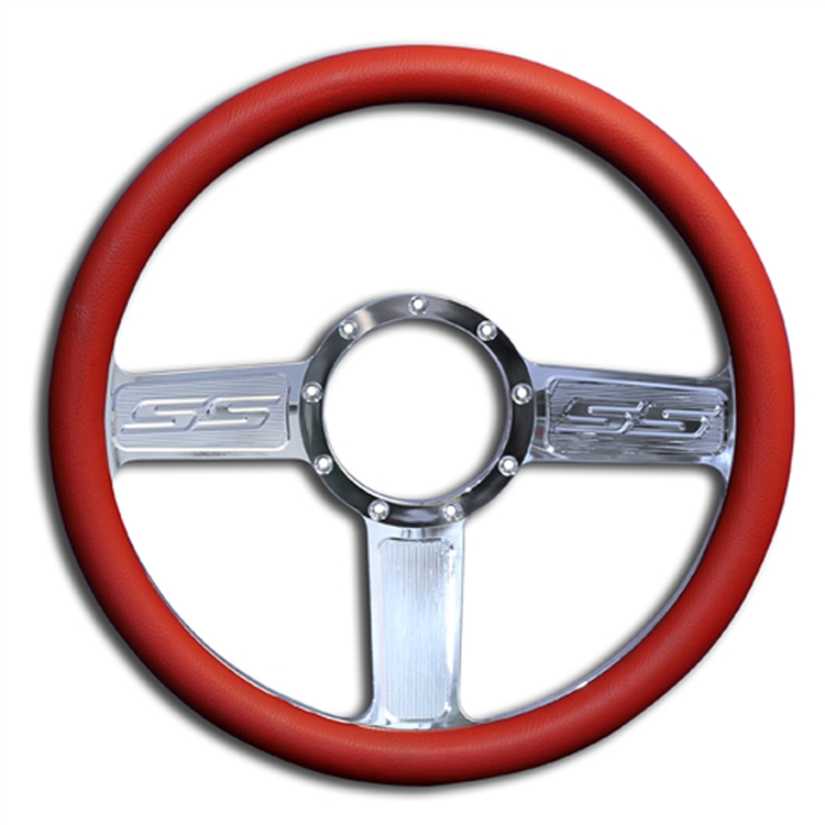 SS Logo Billet Steering Wheel 13-1/2" Polished Spokes/Red Grip