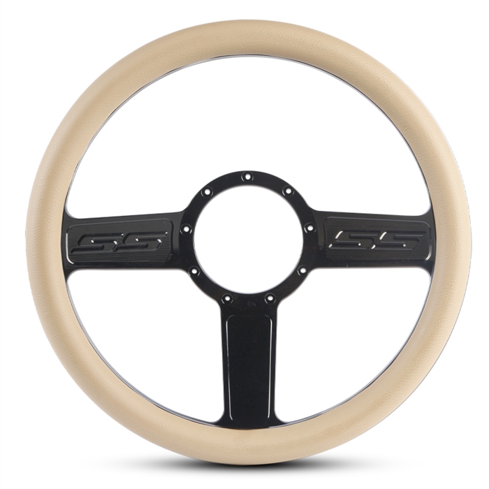 SS Logo Billet Steering Wheel 13-1/2" Black Anodized Spokes/Tan Grip