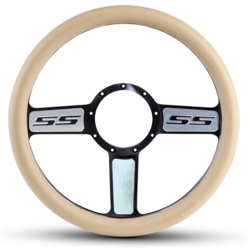 SS Logo Billet Steering Wheel 13-1/2" Black Spokes with Machined Highlights/Tan Grip