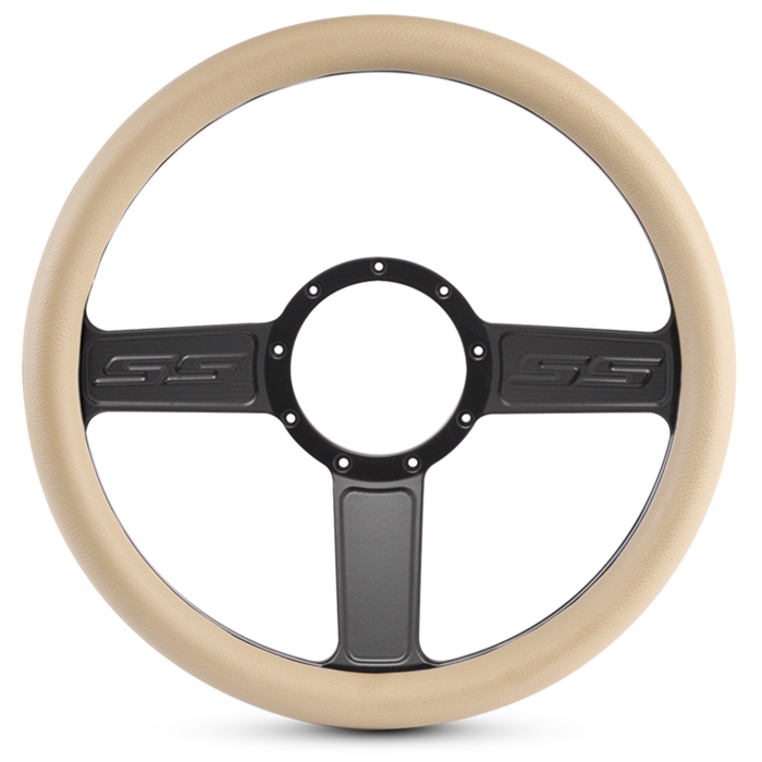 SS Logo Billet Steering Wheel 13-1/2" Matte Black Spokes/Tan Grip