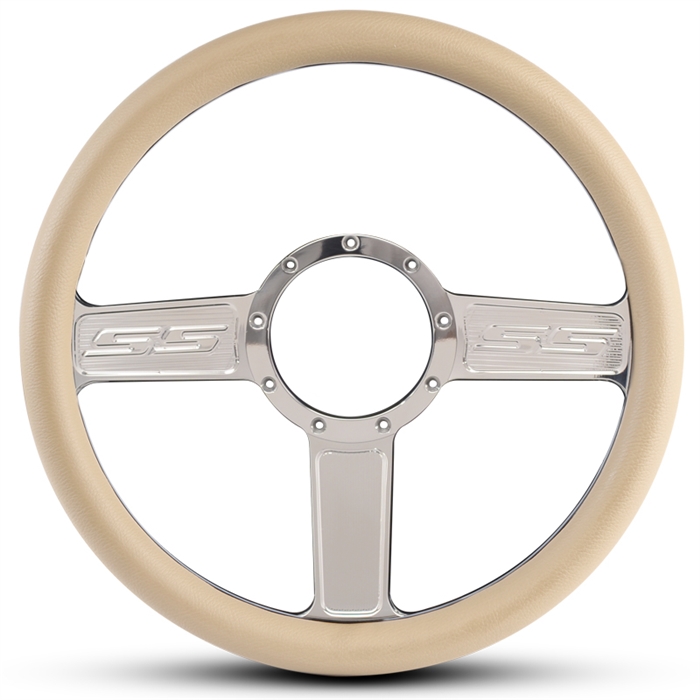 SS Logo Billet Steering Wheel 13-1/2" Polished Spokes/Tan Grip