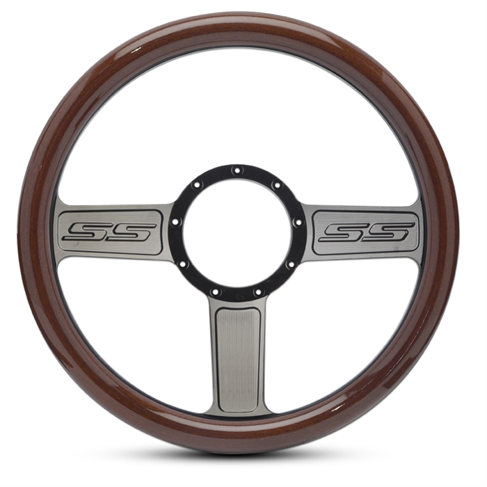 SS Logo Billet Steering Wheel 13-1/2" Gloss Black Spokes/Woodgrain Grip