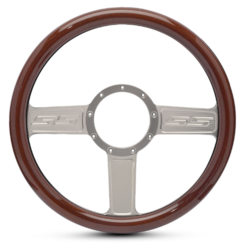 SS Logo Billet Steering Wheel 13-1/2" Clear Anodized Spokes/Woodgrain Grip