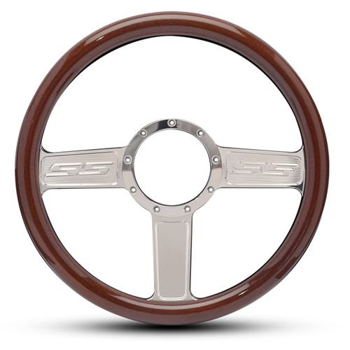 SS Logo Billet Steering Wheel 13-1/2" Clear Coat Spokes/Woodgrain Grip