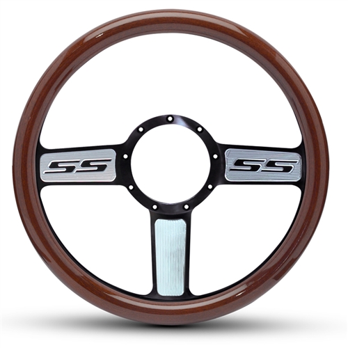 SS Logo Billet Steering Wheel 13-1/2" Black Spokes with Machined Highlights/Woodgrain Grip
