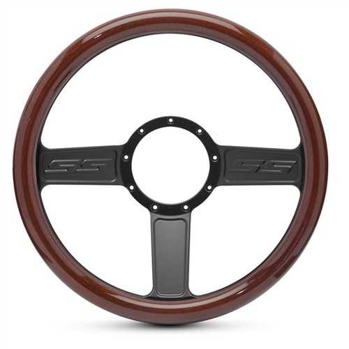 SS Logo Billet Steering Wheel 13-1/2" Matte Black Spokes/Woodgrain Grip