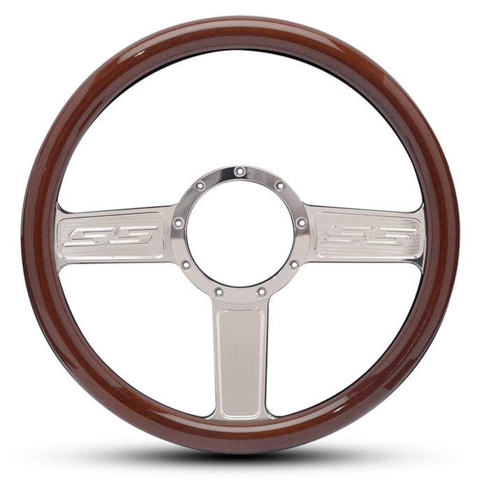 SS Logo Billet Steering Wheel 13-1/2" Polished Spokes/Woodgrain Grip