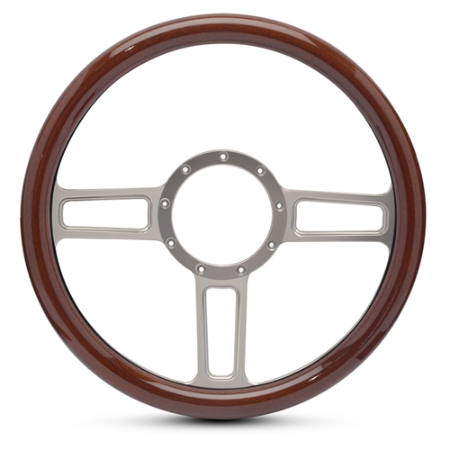 Launch Billet Steering Wheel 13-1/2" Clear Anodized Spokes/Woodgrain Grip