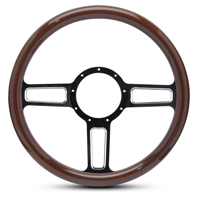 Launch Billet Steering Wheel 13-1/2" Black Spokes with Machined Highlights/Woodgrain Grip
