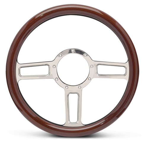 Launch Billet Steering Wheel 13-1/2" Polished Spokes/Woodgrain Grip