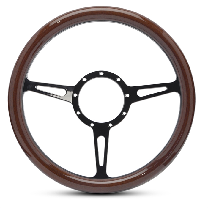 Classic Billet Steering Wheel 13-1/2" Black Anodized Spokes/Woodgrain Grip