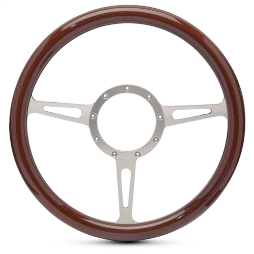 Classic Billet Steering Wheel 13-1/2" Clear Anodized Spokes/Woodgrain Grip